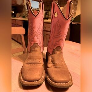 Old West Kids Distressed Brown and Pink Corona Calf Square Toe Cowboy Boot